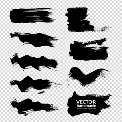 Smooth and wavy textured brush strokes with black paint or ink set isolated on imitation transparent background