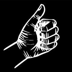 Thumb up hand. White on black doodle sketch.
