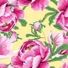 Seamless floral pattern on a yellow background. Design for wallpaper, fabric, wrapping paper, cover and more.  Elegant seamless peony flowers pattern.