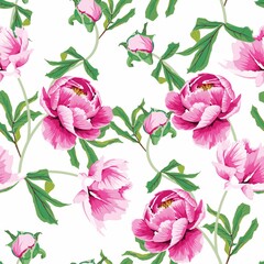 Seamless floral pattern on a white background. Design for wallpaper, fabric, wrapping paper, cover and more.  Elegant seamless peony flowers pattern.