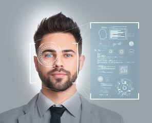 Facial recognition system. Man with scanner frame on face and information