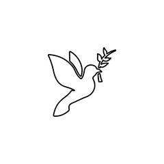 Dove with branch symbolizing peace and freedom. Line pigeon icon illustration.