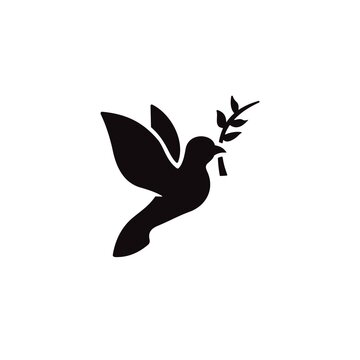 Dove with branch symbolizing peace and freedom. Line pigeon icon illustration.