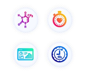 Chemical formula, Heartbeat timer and Seo statistics icons simple set. Button with halftone dots. 48 hours sign. Chemistry, Love stopwatch, Analytics chart. Delivery service. Technology set. Vector