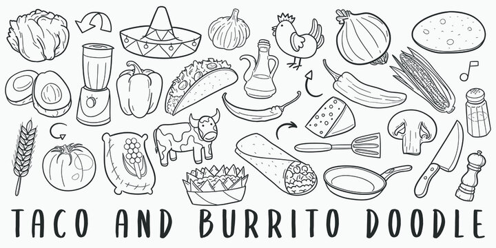 Taco and Burrito Mexican Food Doodle Line Art Illustration. Hand Drawn Vector Clip Art. Banner Set Logos.