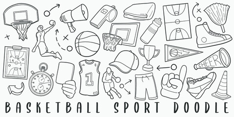 Basketball Sport Doodle Line Art Illustration. Hand Drawn Vector Clip Art. Banner Set Logos.