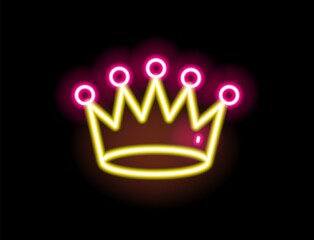 Bright yellow and red glowing neon light crown vector flat illustration. Colorful fashion sign isolated on black background. Royalty symbol trendy design element in outline style © Good Studio