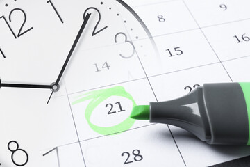 Collage of clock and calendar with marked date