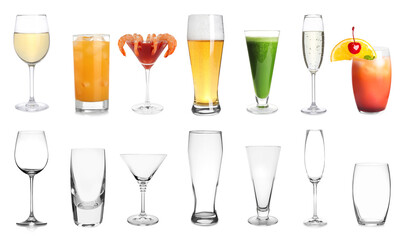 Collage with full and empty glasses on white background