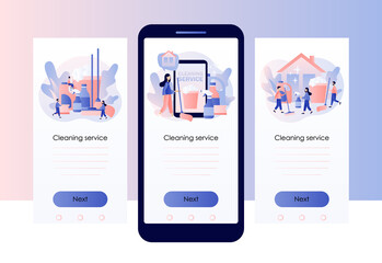 Cleaning service. Tiny people clean house. Professional hygiene service for domestic households. Cleaning tool. Screen template for mobile smart phone. Modern flat cartoon style. Vector illustration 