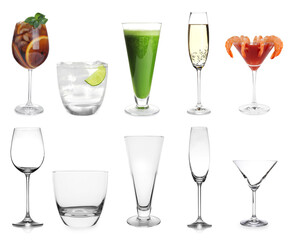 Collage with full and empty glasses on white background