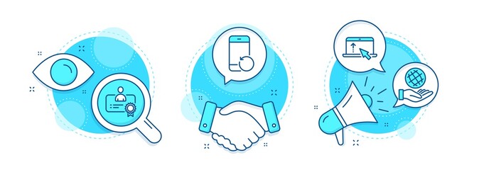 Recovery phone, Safe planet and Certificate line icons set. Handshake deal, research and promotion complex icons. Swipe up sign. Backup smartphone, Ecology, Best employee. Scroll screen. Vector