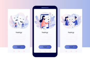 Masking true feelings concept. Human masquerade. Fake social identity and hiding inner personality traits. Screen template for mobile smart phone. Modern flat cartoon style. Vector illustration 