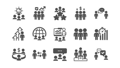 Meeting icons set. People conference, seminar, classroom. Team, work and business idea icons. Discussion, classroom job, people management. Presentation, office meeting, consultation. Vector