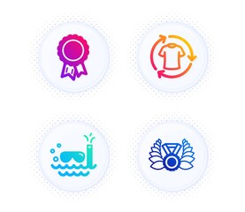Change clothes, Scuba diving and Success icons simple set. Button with halftone dots. Laureate medal sign. Shirt, Trip swimming, Award reward. Laurel wreath. Sports set. Vector