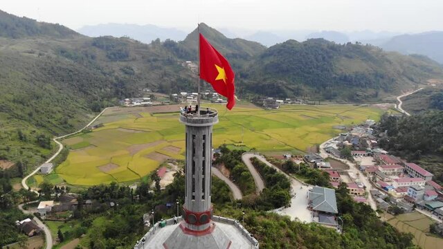 Aerial footage of The Lung Cu flag tower at Lung Cu, Ha Giang province in the northern Viet Nam.