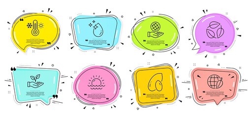 Helping hand, Environment day and Peanut signs. Speech bubbles with quotes. Leaves, Sunset and Thermometer line icons set. Water drop, Safe planet symbols. Nature leaf, Sunny weather. Vector