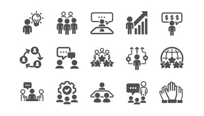 Fototapeta na wymiar Business people icons set. Person, team meeting, job structure. Group people, communication, member icons. Congress, talk person, partnership. Job interview, business idea, voting. Quality set. Vector