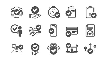 Approve icons set. Accepted document, right choice, interviewed. Quality check, protection, checklist icons. Guarantee document, accepted card, approve verification. Flight confirmed. Vector