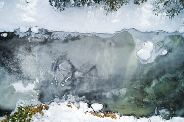 Aerial view of a frozen river covered in snow