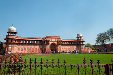 Historical Agra Fort and the courtyard in front.
