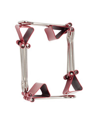 Numeral 0 red binder clips alphabet. Office metal foldback braces. Metal binder clips isolated on...