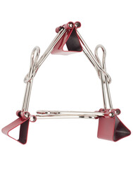 Cyrillic letter De red binder clips alphabet. Office metal foldback braces. Metal binder clips...