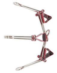 Cyrillic letter Ye red binder clips alphabet. Office metal foldback braces. Metal binder clips...