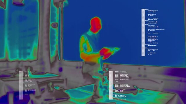 A fake thermal camera effect, showing a man waiting at a restaurant and browsing a menu, together with random source code (assembler language) appearing as an overlay.
