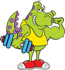 Cartoon illustration of a dinosaur holding a dumbbell and making a muscle.