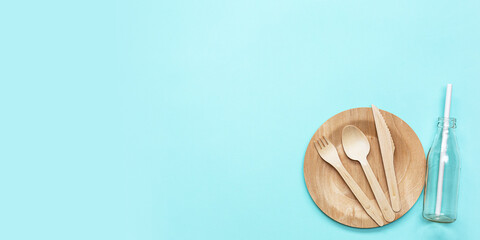 Eco friendly wooden cutlery. Flat lay. Banner