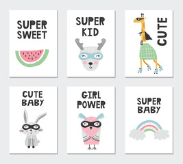 Fototapeta na wymiar Set of children's posters with superhero characters, animals and lettering. Clip art collection, vector illustration.