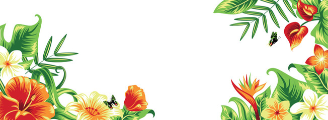 Banner with tropical leaves and flowers. Isolated on white. © Oksana