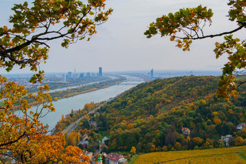 View of the Danube River and the city of Vienna, Austria on an autumn day. Bright yellow and green leaves on trees in the park, skyscrapers and bridges on the horizon.