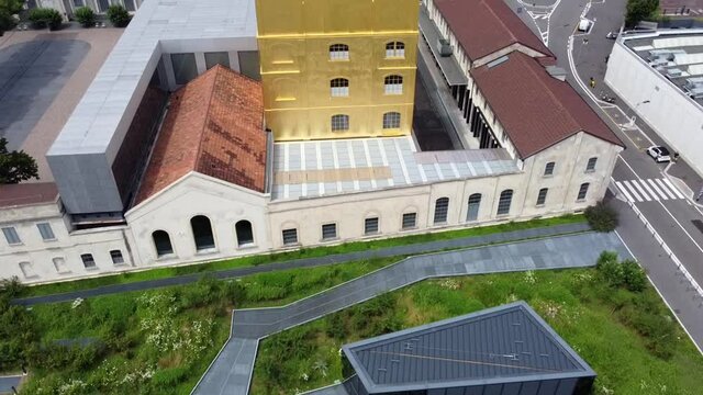Europe, Italy , Milan June 2020 - Drone aerial view of  Prada Foundation art exposition and skyline of Milan downtown 