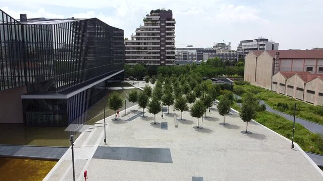 Europe, Italy , Milan June 2020 - Drone aerial view of Berlinguer square near Prada Foundation art exposition - new area of modern building in downtown of the city
