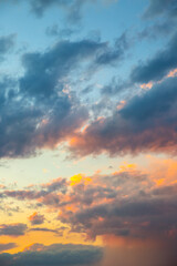 Beautiful dramatic sky. Sunset or sunrise time. Amazing purple clouds.