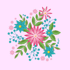 Summer pattern of bright flowers and green leaves