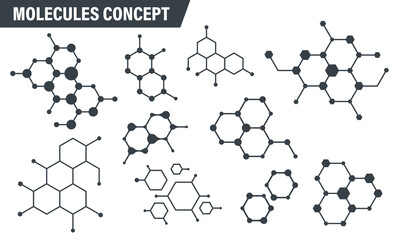 Obraz premium Set of molecule badge. Connected hexagonal molecule badge. Molecular structure. DNA connect diagram. Medical label or icons. Vector illustration.