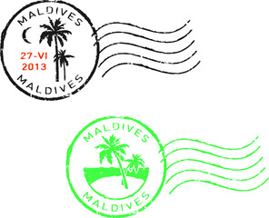 Two postal grunge stamps ''Maldives''. White background.