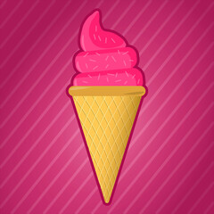 Pink strawberry ice cream cone. Striped background.