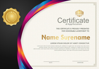 Elegant and futuristic certificate template with curved line shape ornament modern pattern,diploma.