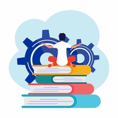 Creative vector illustration of business graphics, young business people, advancing career towards success, full of ideas of thought and analysis.