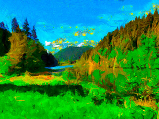 Obraz na płótnie Canvas landskape green tree abstract oil pencil art