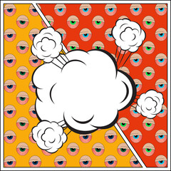 A red and orange background with tired dry blue and green eyes comic and cartoon pop art style with a white  speech bubble explosion bang boom clouds