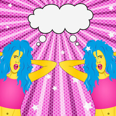 Obraz na płótnie Canvas young surprised wow omg emotion expression twins lady woman girl blue hair holding head vibrant bright stripes rays dotted polka dot pop art background, magenta pink with speech bubble text box