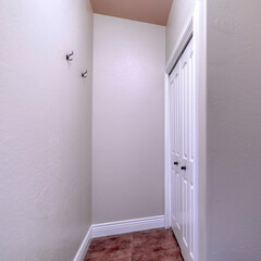 Square frame Built in cabinet inside walk in closet with wood floor and hooks on the wall