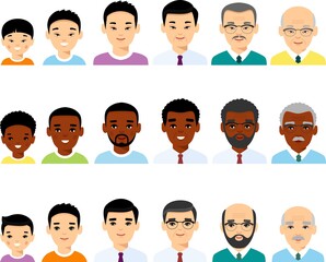 Set of different avatar african american, european, china peoples in colorful flat style.