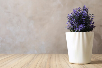 Beautiful artificial plant in flower pot on wooden table against grey background. Space for text