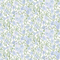 Fototapeta premium Linen seed and Flax flower on thin stem hand drawn sketch pattern. Pastel colors 